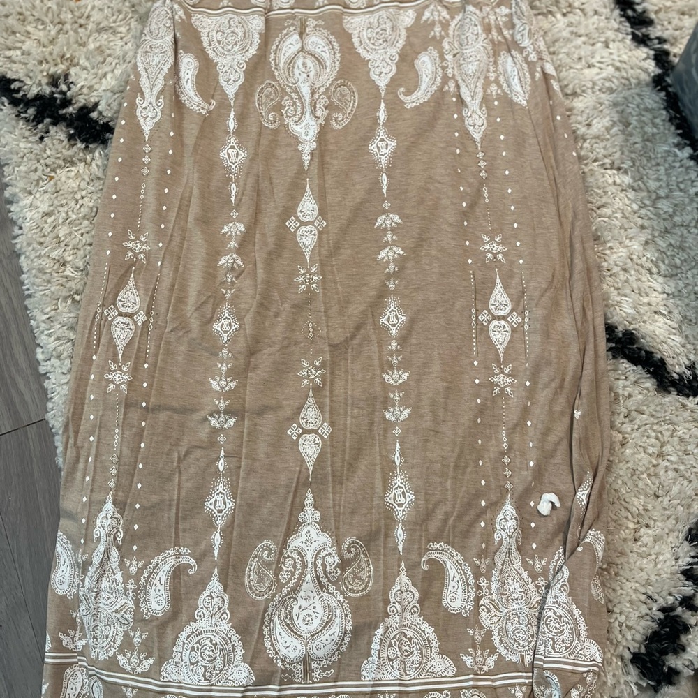 Tan and White Embellished Midi Pencil Skirt